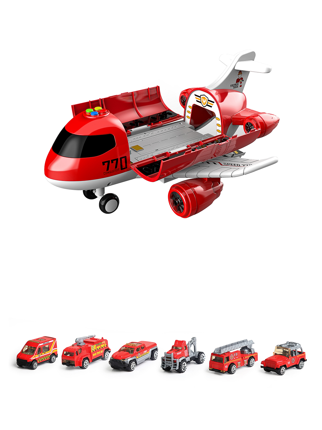 Lennuk heliga + autod 6tk, punane 34x40x23cm