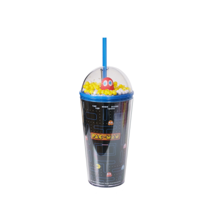 Joogipudel plastist kõrrega kahekordse seinaga 600 ml PAC-MAN
